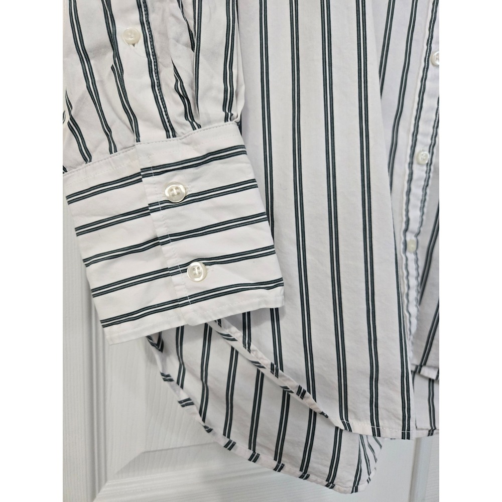 Gap Big Shirt Womens Medium Petite Green White Striped Org Cotton Button Down - Picture 2 of 6